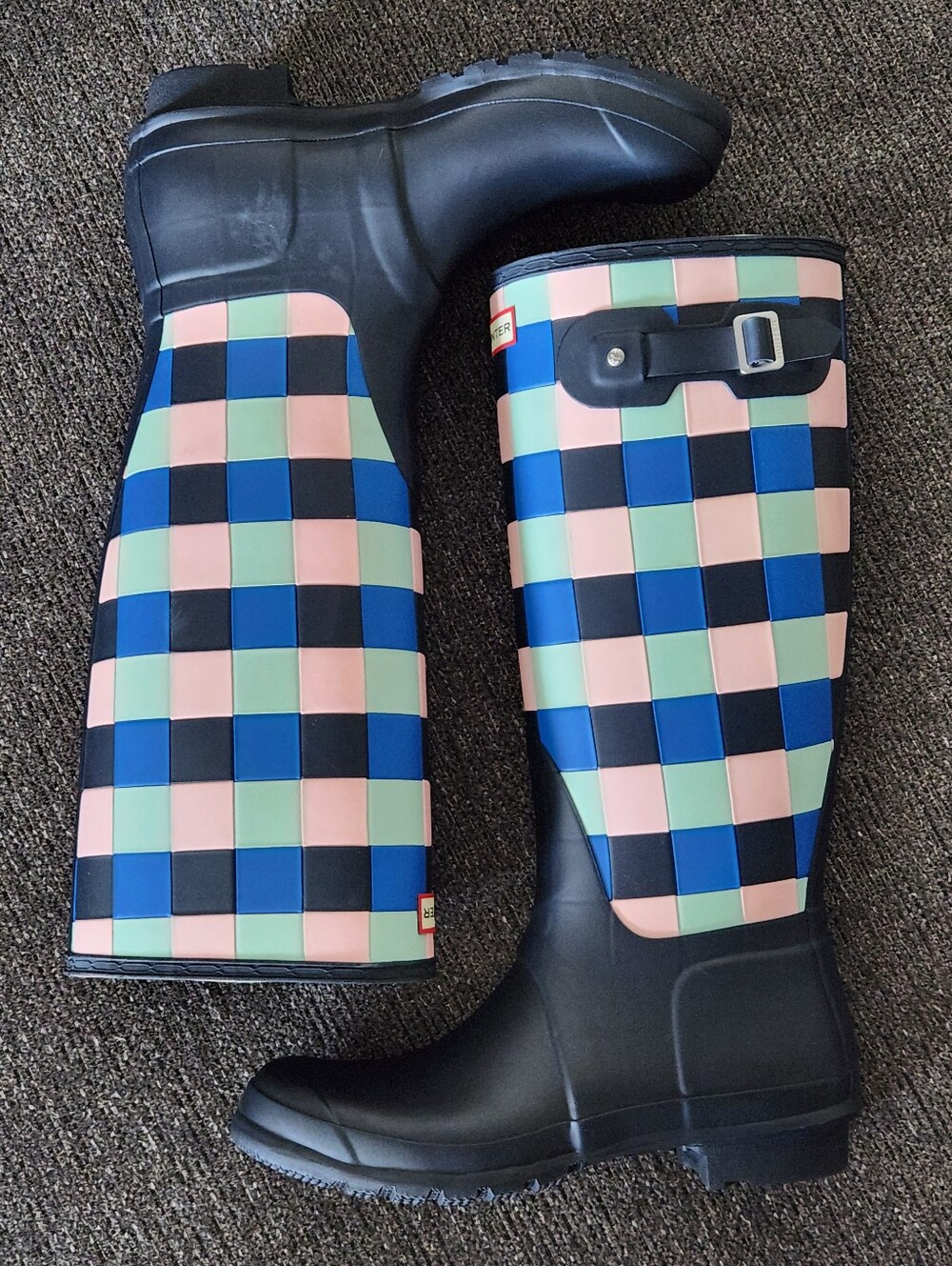 ☔️RARE Hunter☔️ - Blue/Pink Gingham Matte Finish Tall Wellington Rain Boot - Picture 6 of 12